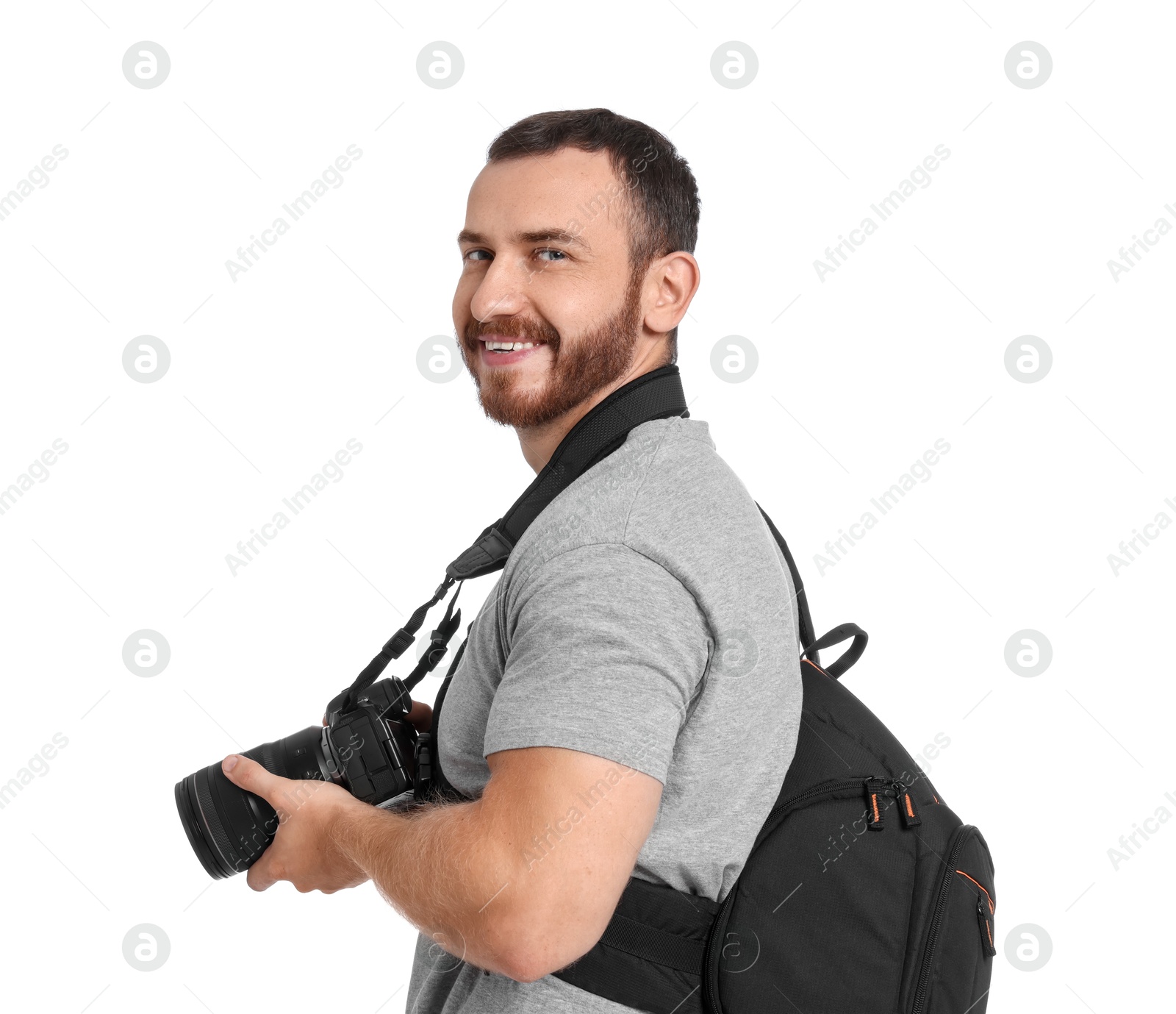 Photo of Photographer with backpack and camera on white background