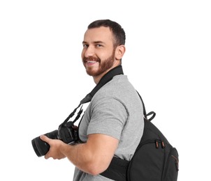 Photographer with backpack and camera on white background