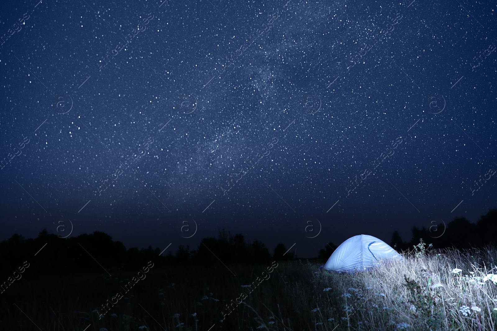 Photo of Modern camping tent in wilderness at night