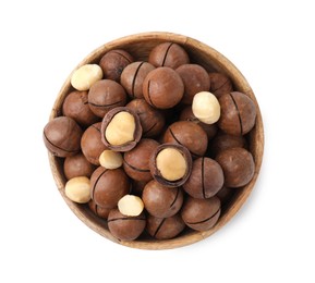 Photo of Macadamia nuts in bowl isolated on white, top view