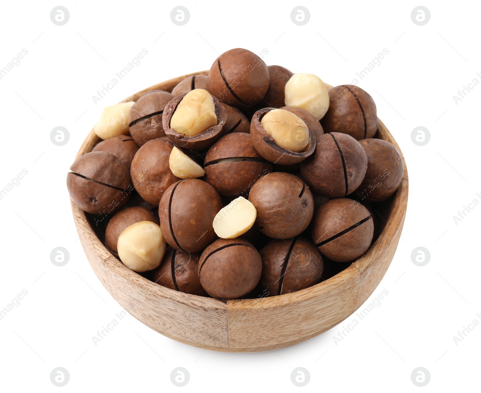 Photo of Macadamia nuts in bowl isolated on white