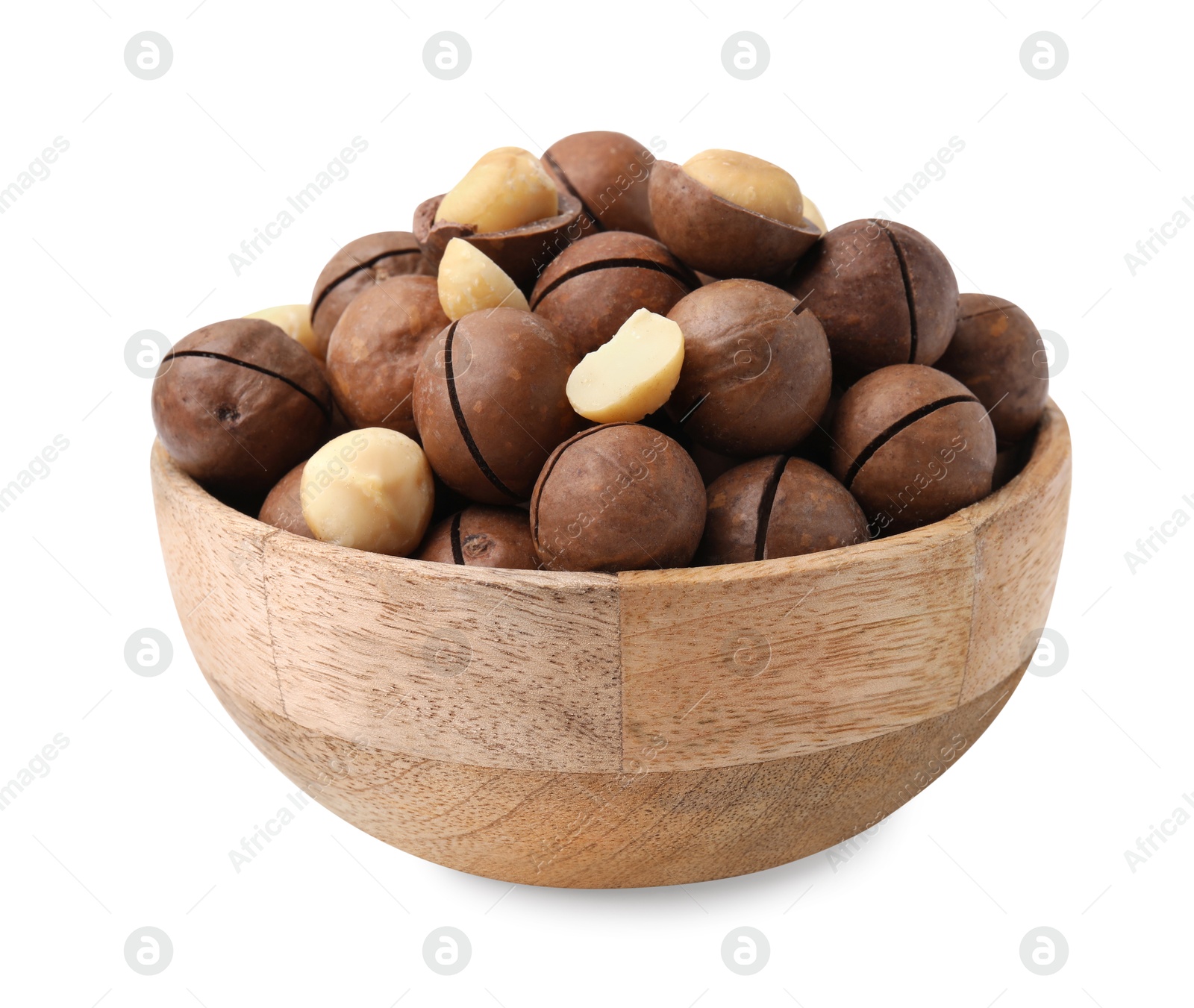 Photo of Macadamia nuts in bowl isolated on white