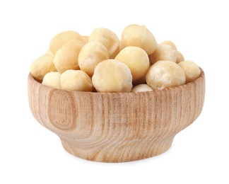 Macadamia nuts in bowl isolated on white