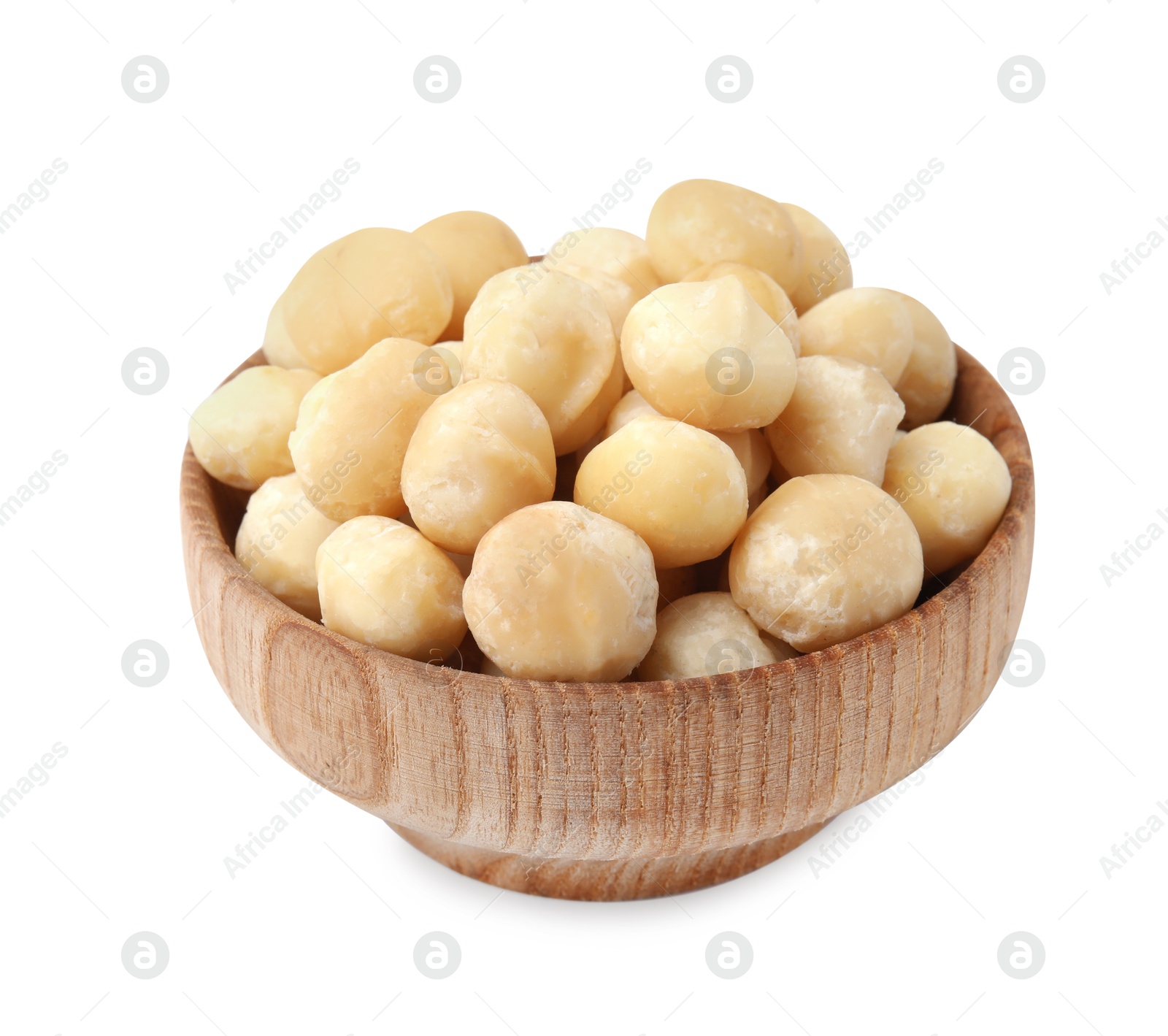 Photo of Macadamia nuts in bowl isolated on white