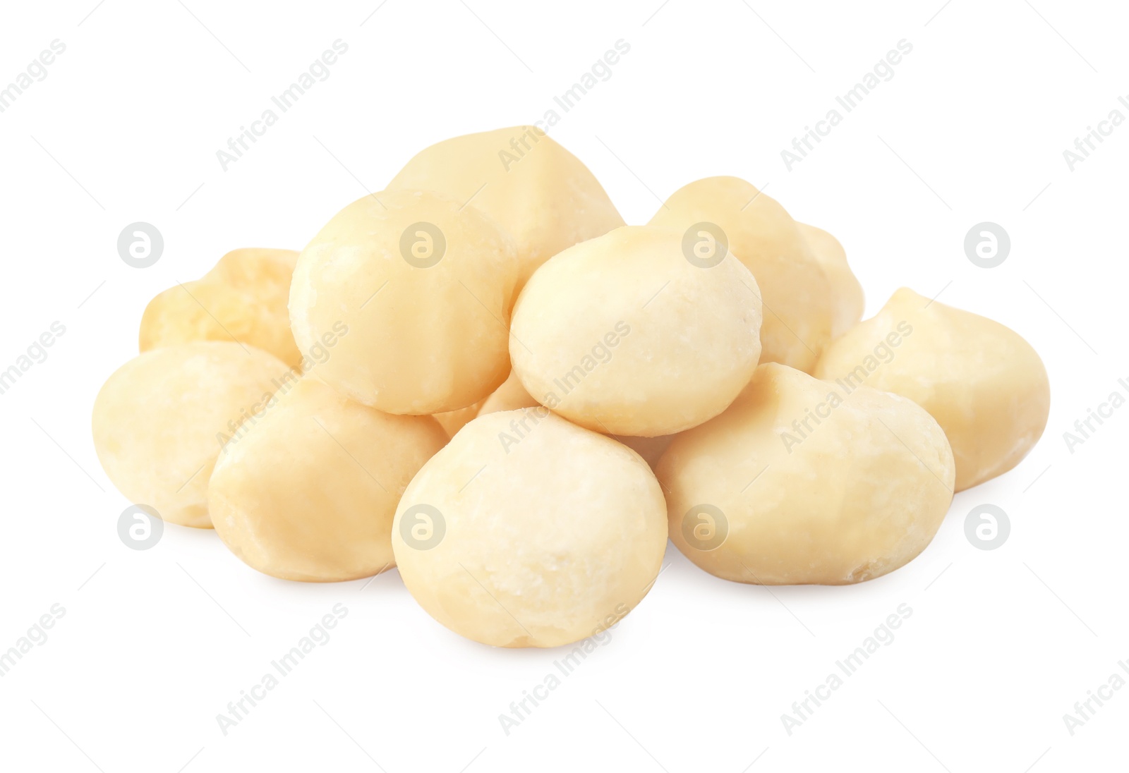 Photo of Pile of peeled macadamia nuts isolated on white