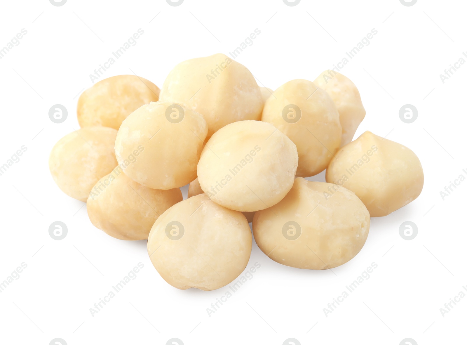 Photo of Pile of peeled macadamia nuts isolated on white