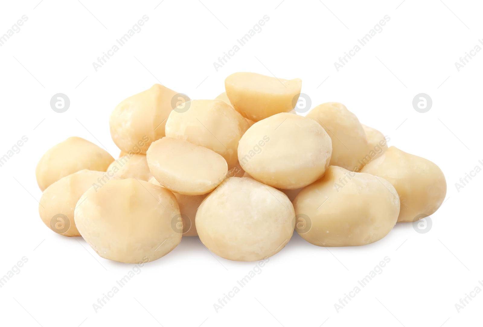 Photo of Pile of peeled macadamia nuts isolated on white