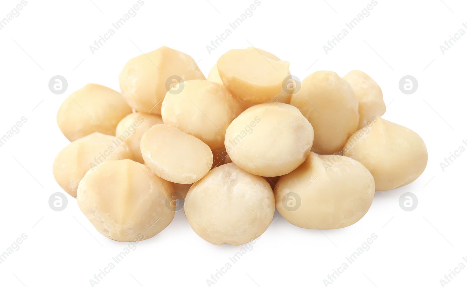 Photo of Pile of peeled macadamia nuts isolated on white