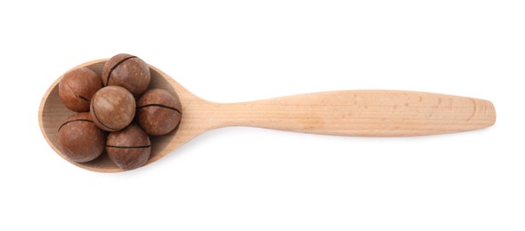 Photo of Spoon with macadamia nuts isolated on white, top view