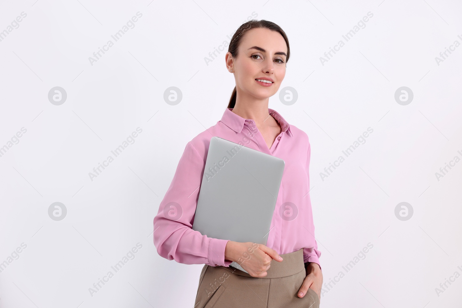 Photo of Portrait of smiling businesswoman with laptop on white background