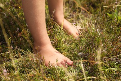 Little girl standing barefoot outdoors on sunny day, closeup. Child enjoying beautiful nature