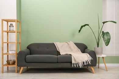 Stylish sofa with blanket, shelving unit and houseplant near green wall indoors