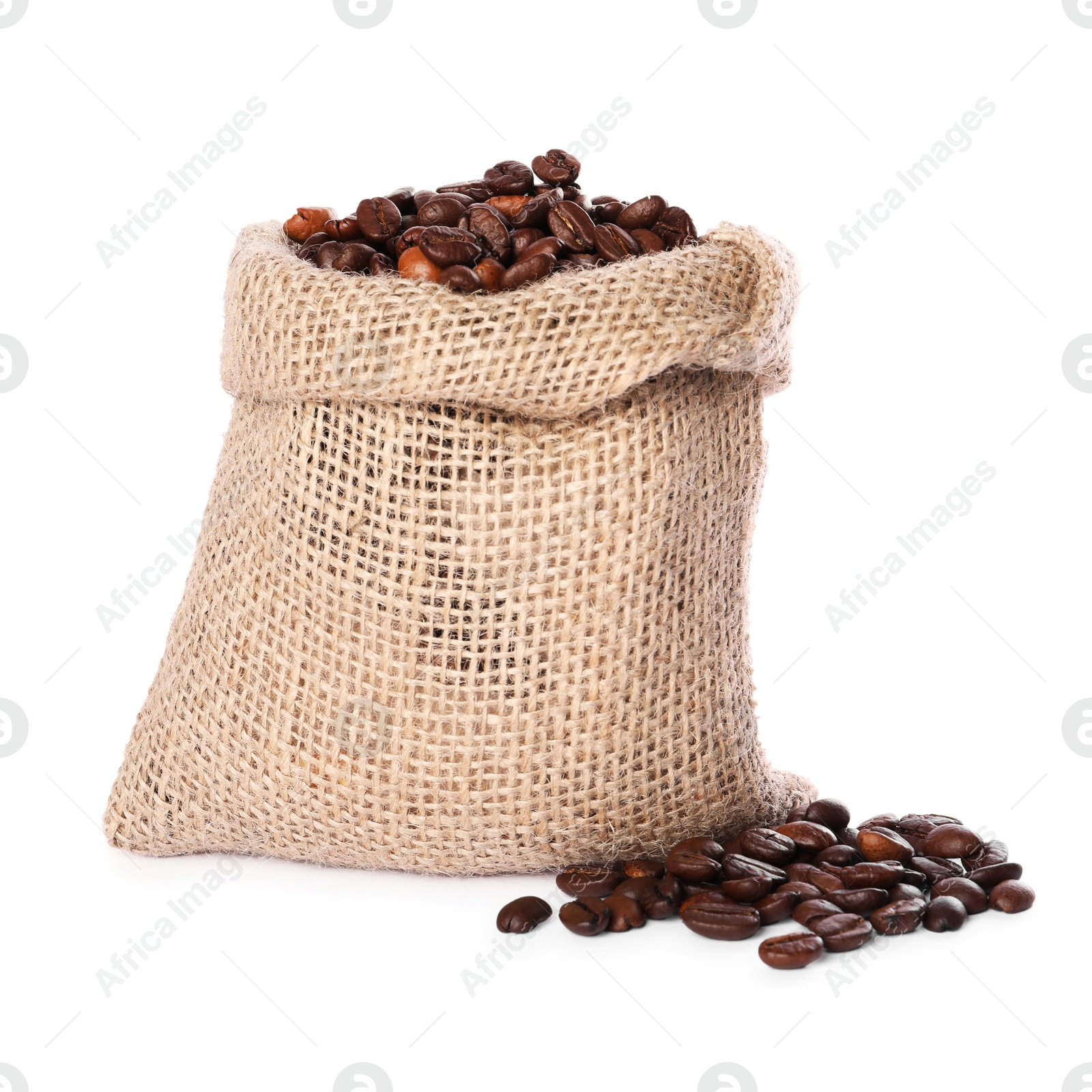 Photo of Burlap sack with coffee beans isolated on white