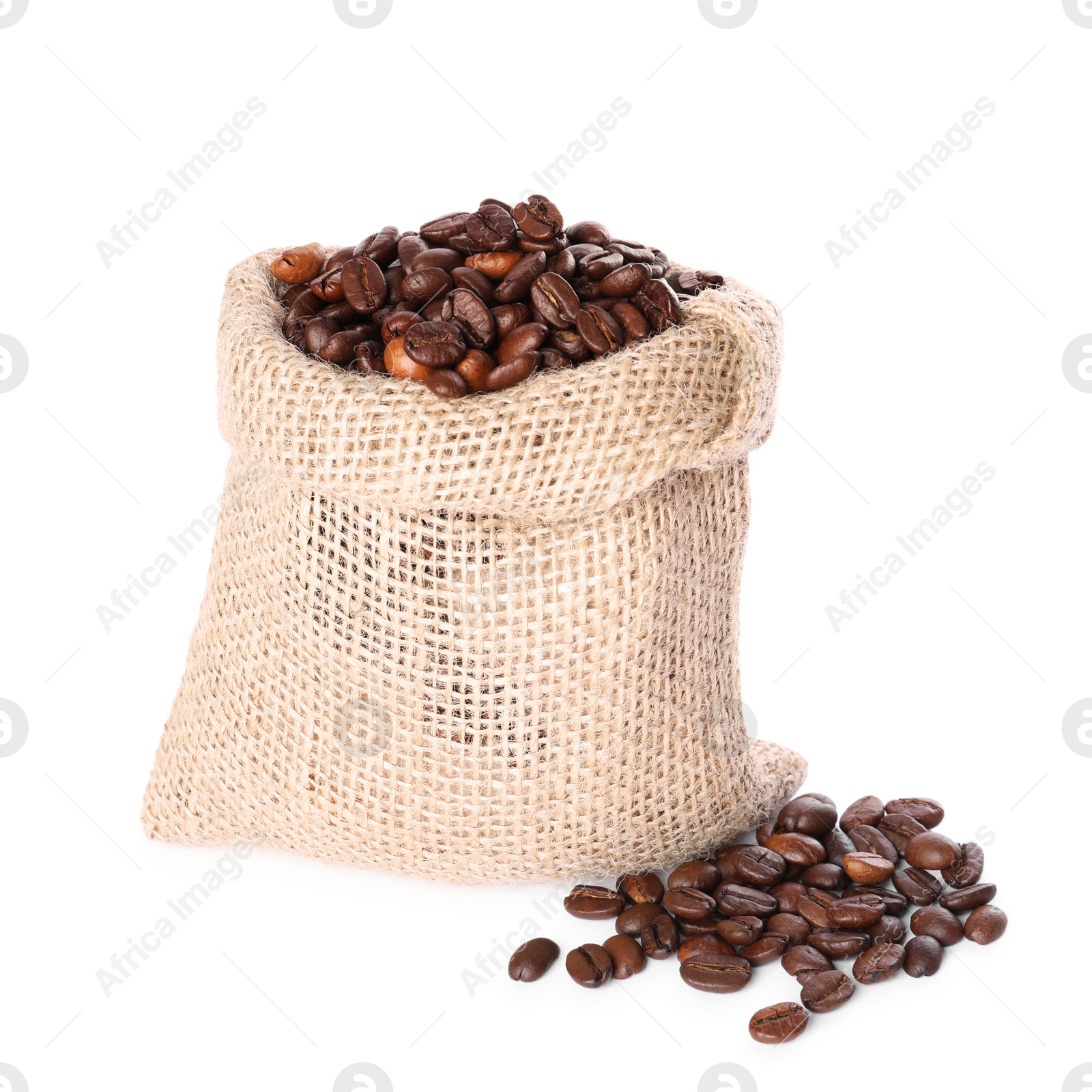 Photo of Burlap sack with coffee beans isolated on white