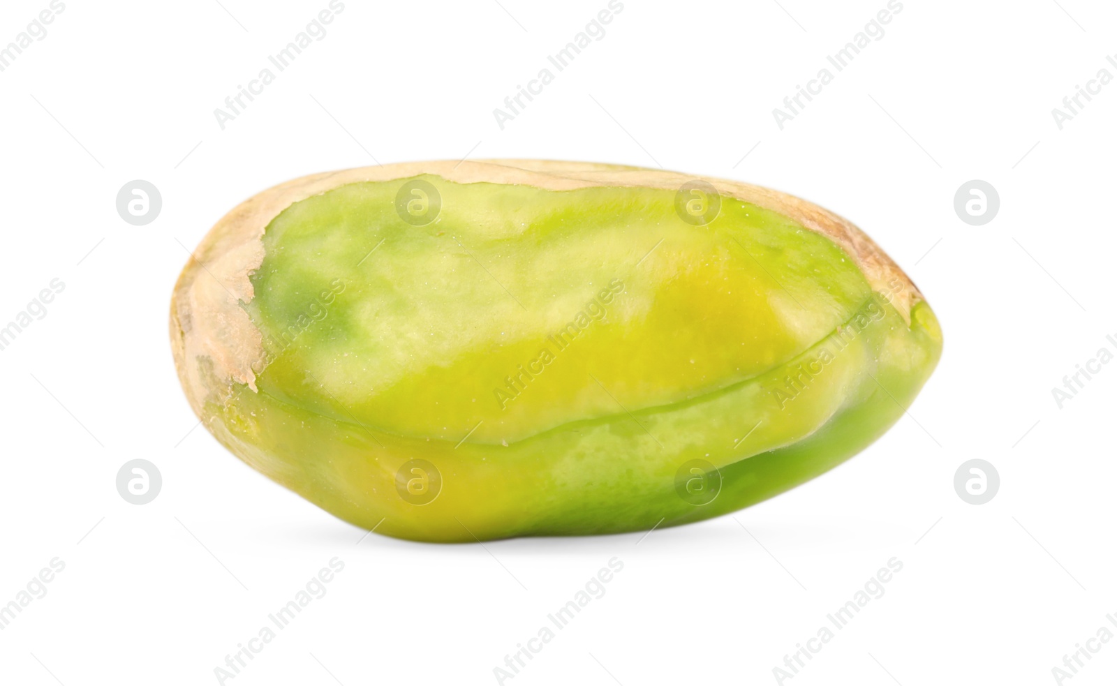 Photo of One peeled pistachio nut isolated on white