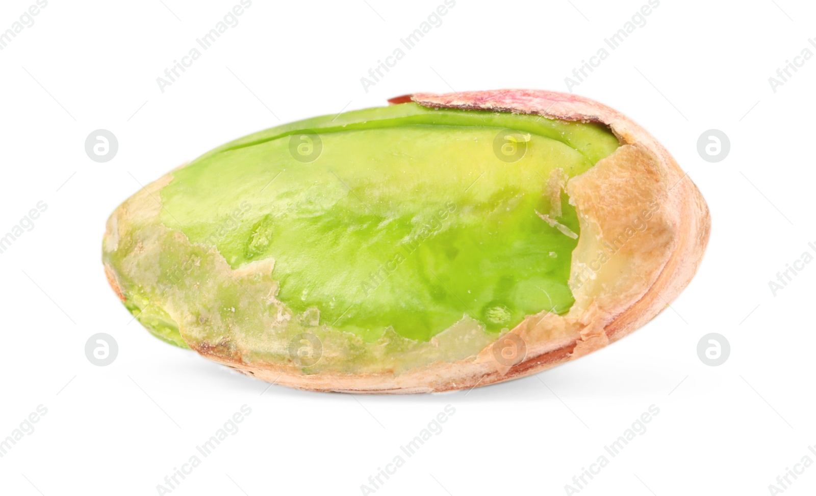 Photo of One peeled pistachio nut isolated on white