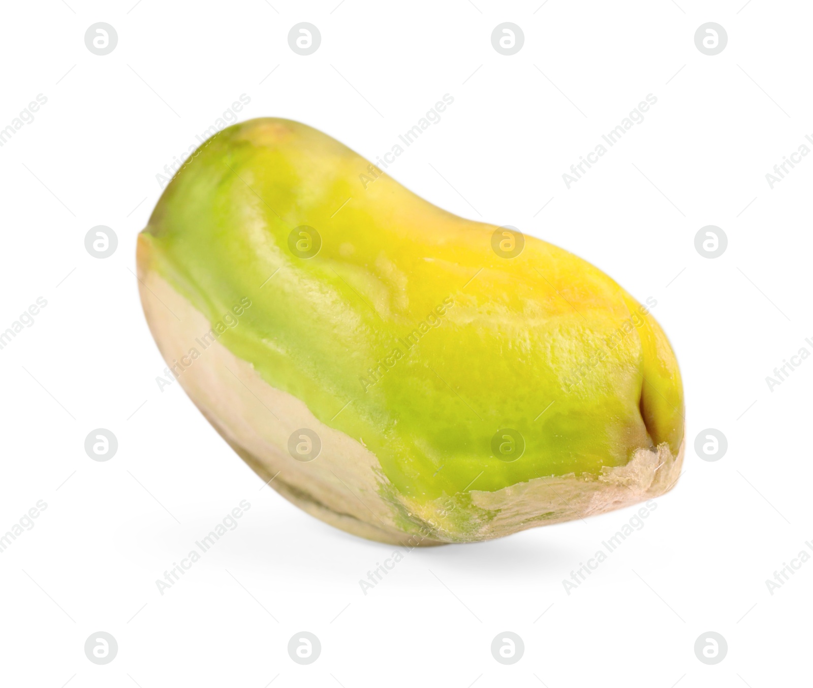 Photo of One peeled pistachio nut isolated on white