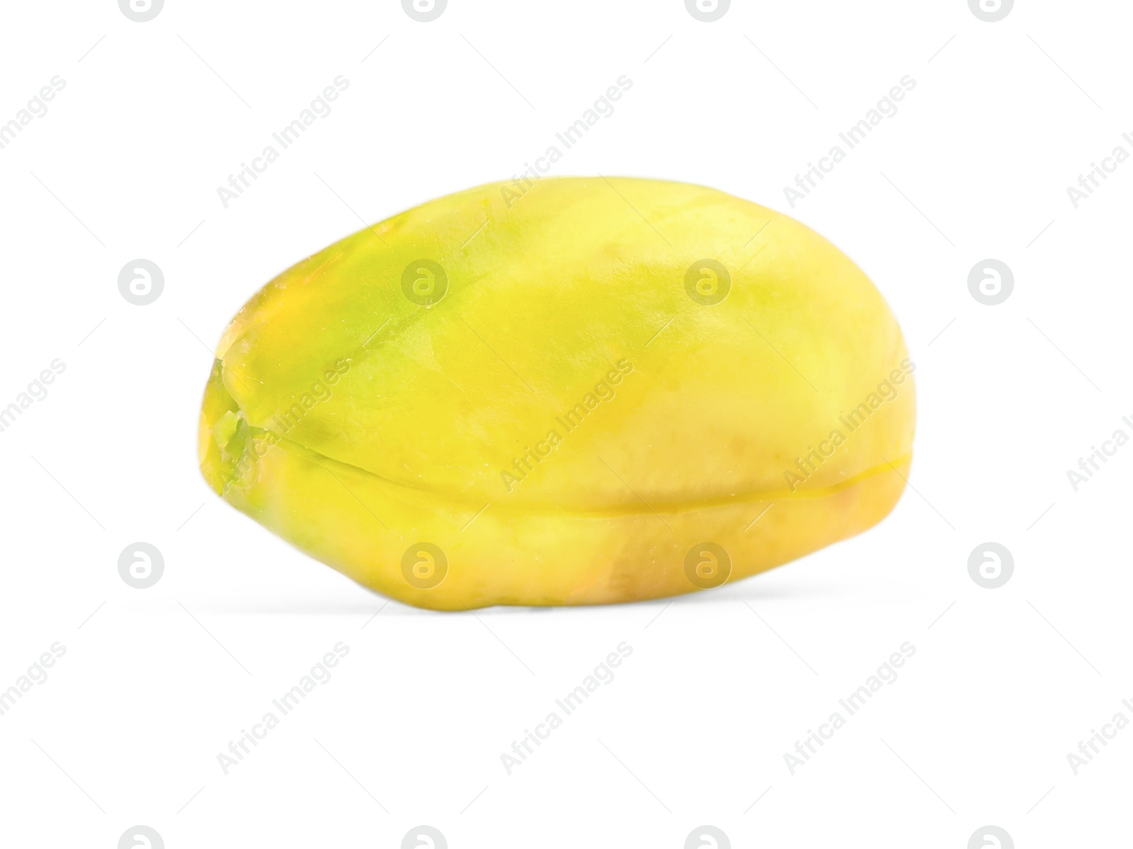 Photo of One peeled pistachio nut isolated on white