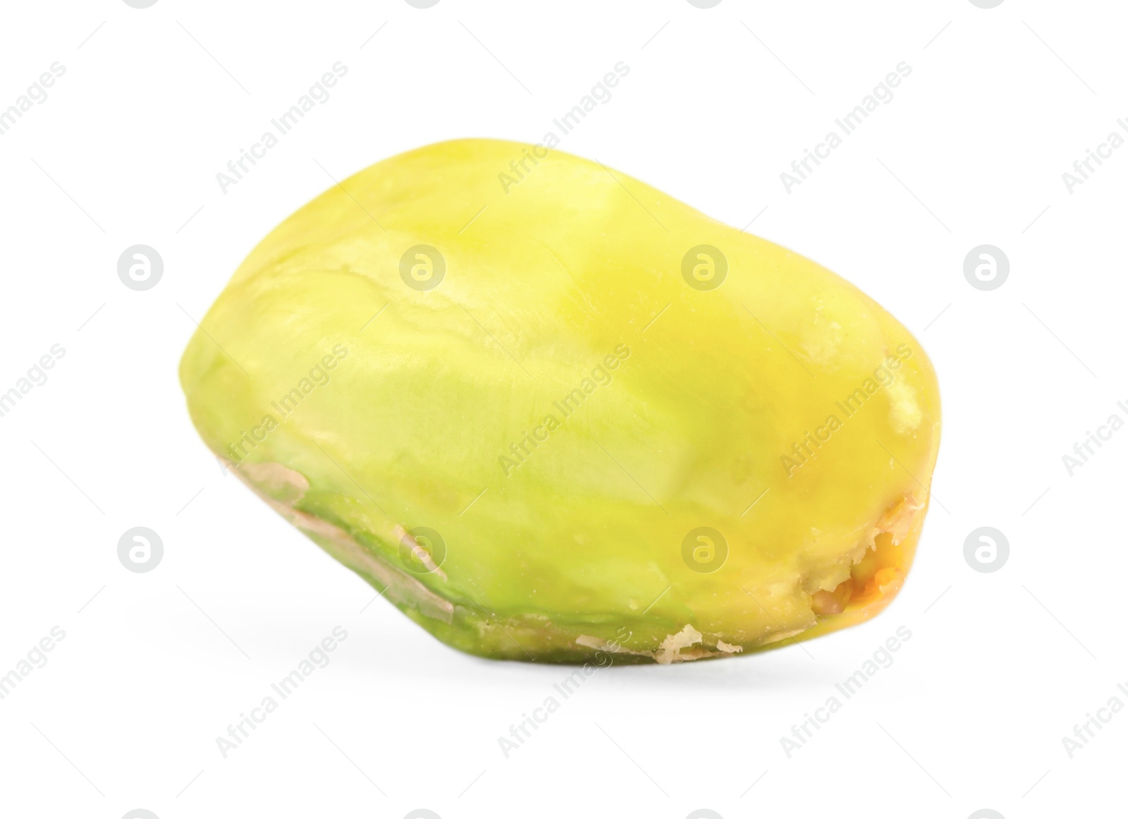 Photo of One peeled pistachio nut isolated on white