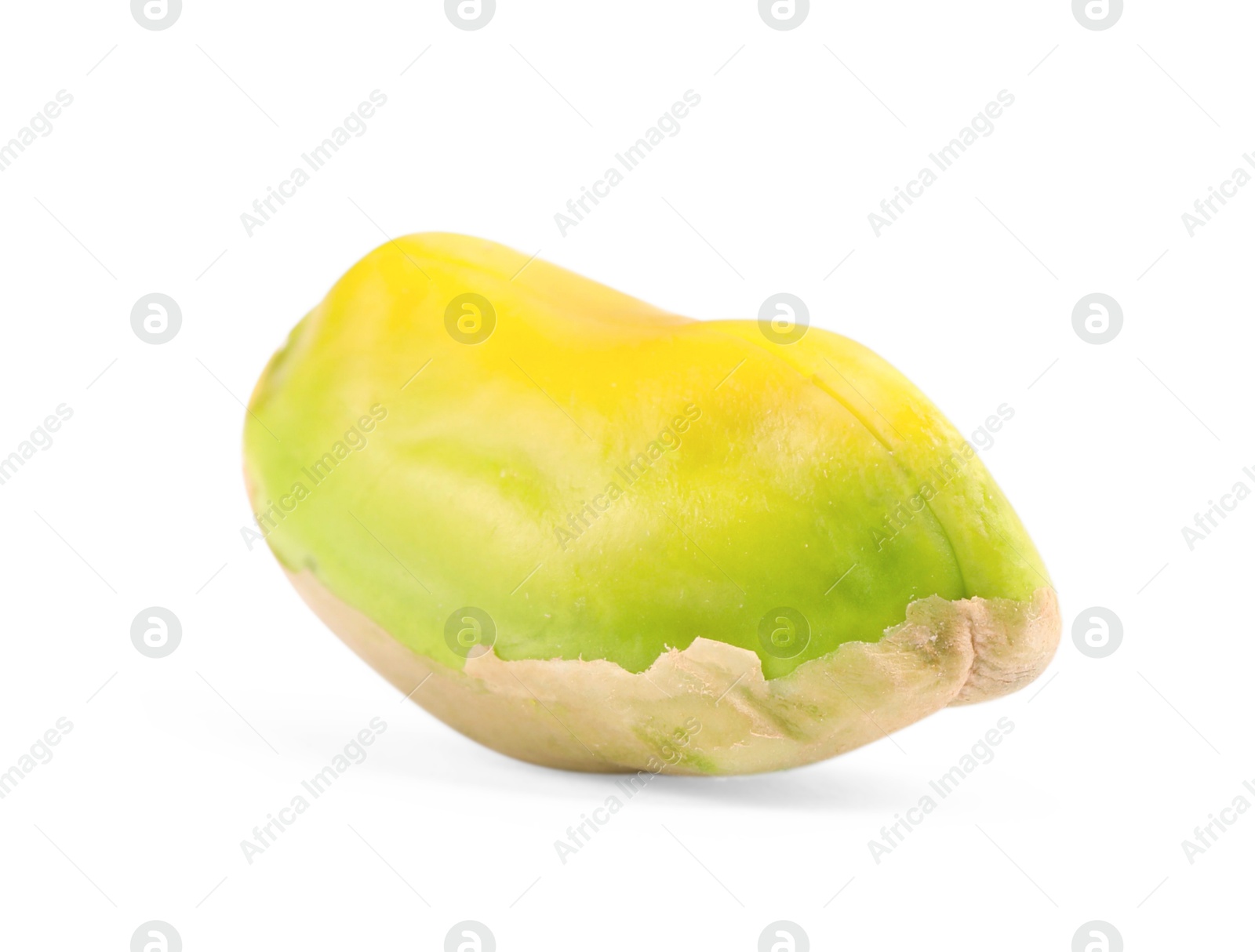 Photo of One peeled pistachio nut isolated on white