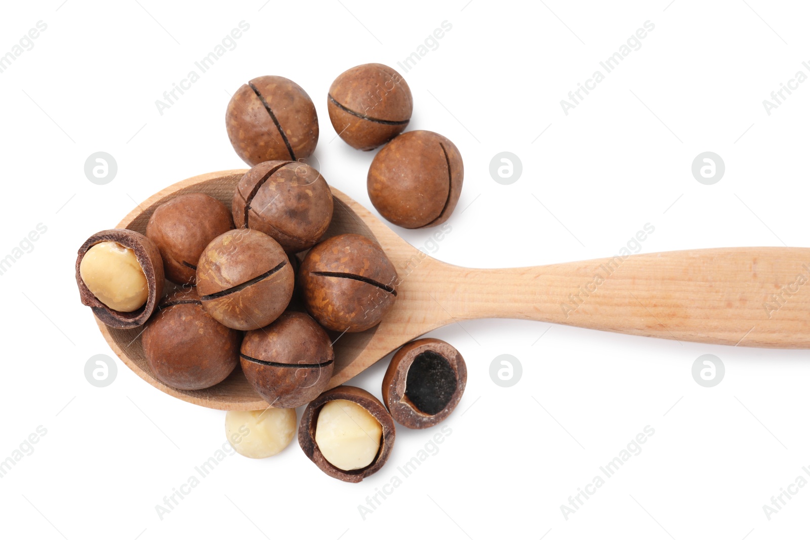 Photo of Spoon with macadamia nuts isolated on white, top view