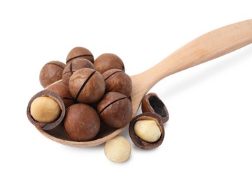 Photo of Spoon with macadamia nuts isolated on white