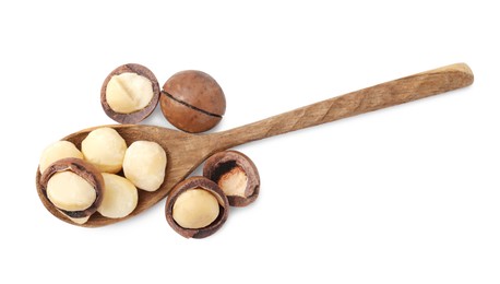 Photo of Spoon with macadamia nuts isolated on white, top view