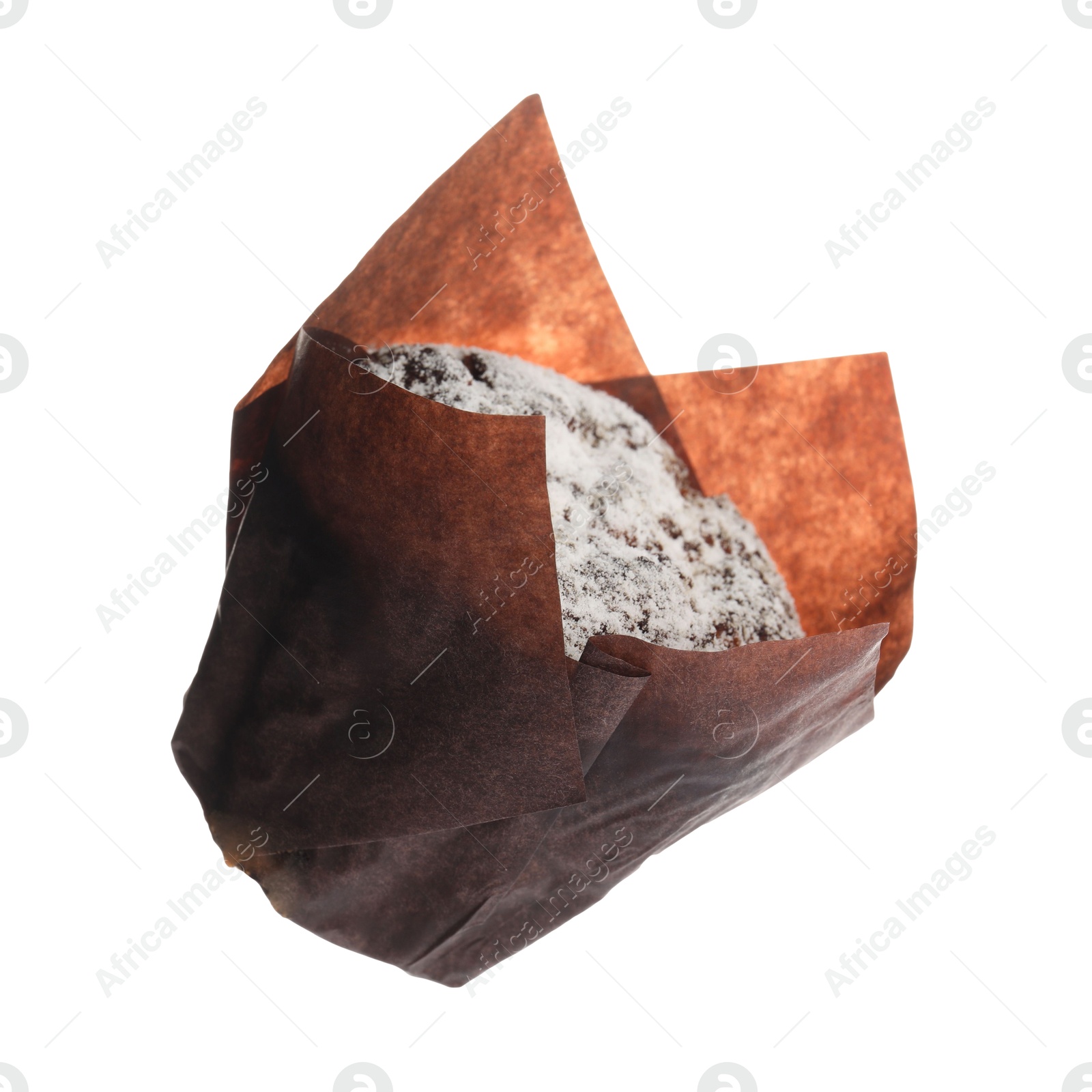 Photo of Delicious sweet muffin with powdered sugar isolated on white