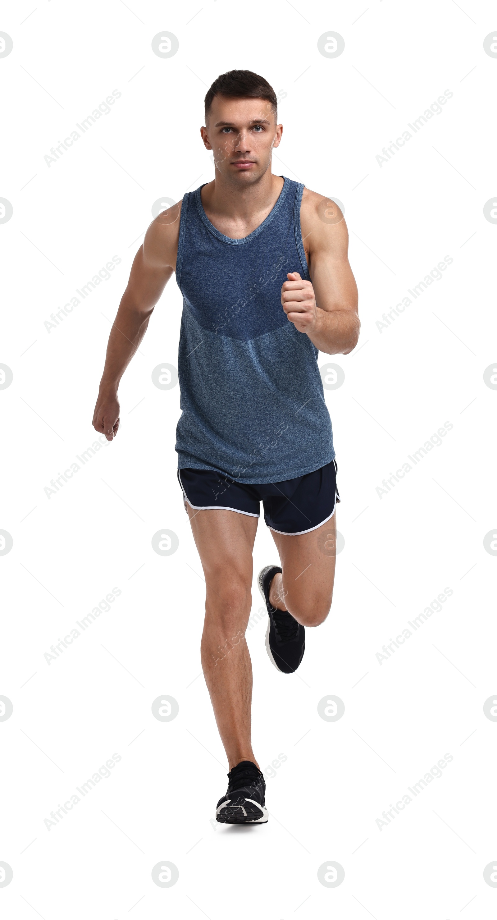 Photo of Man in sportswear running on white background