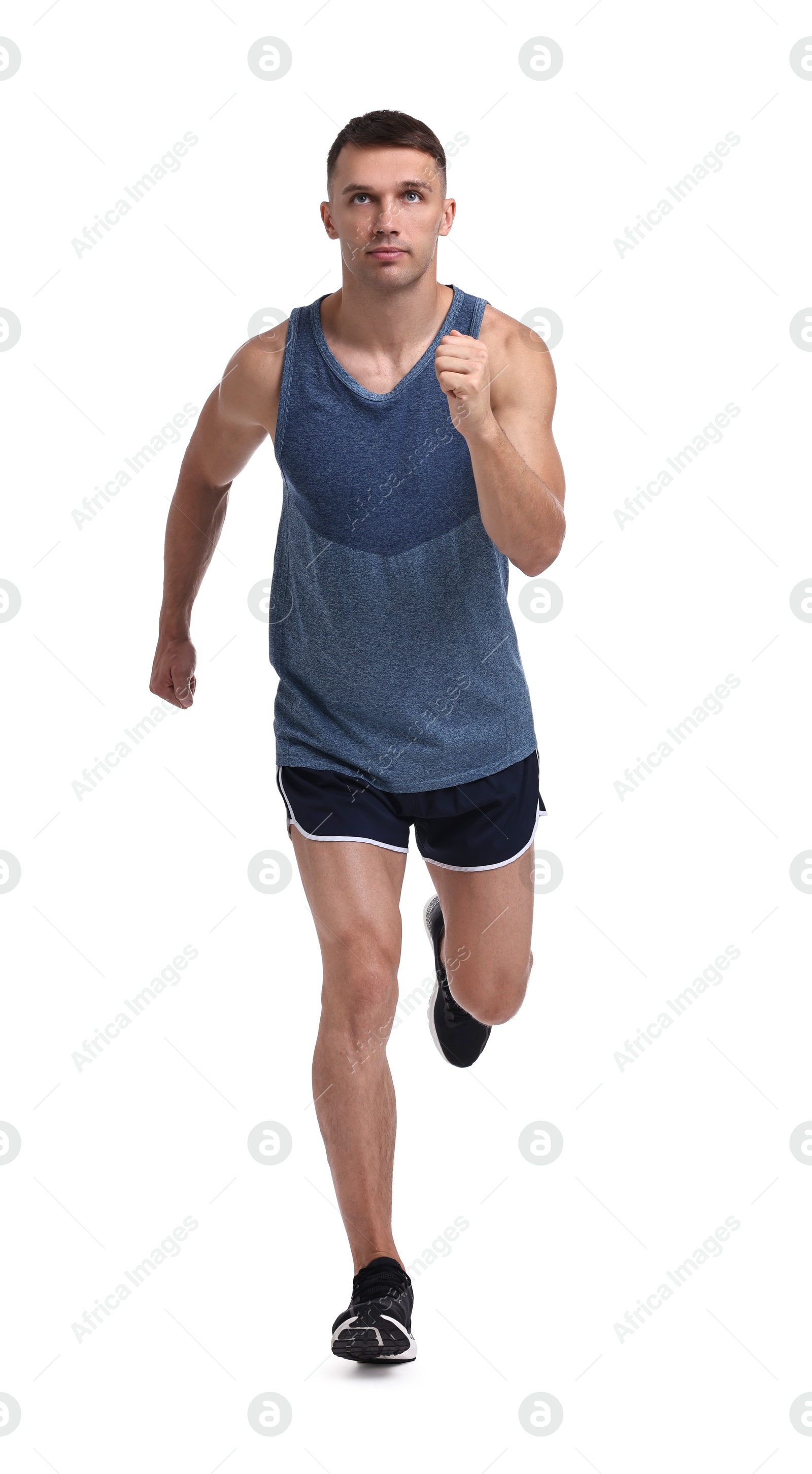 Photo of Man in sportswear running on white background