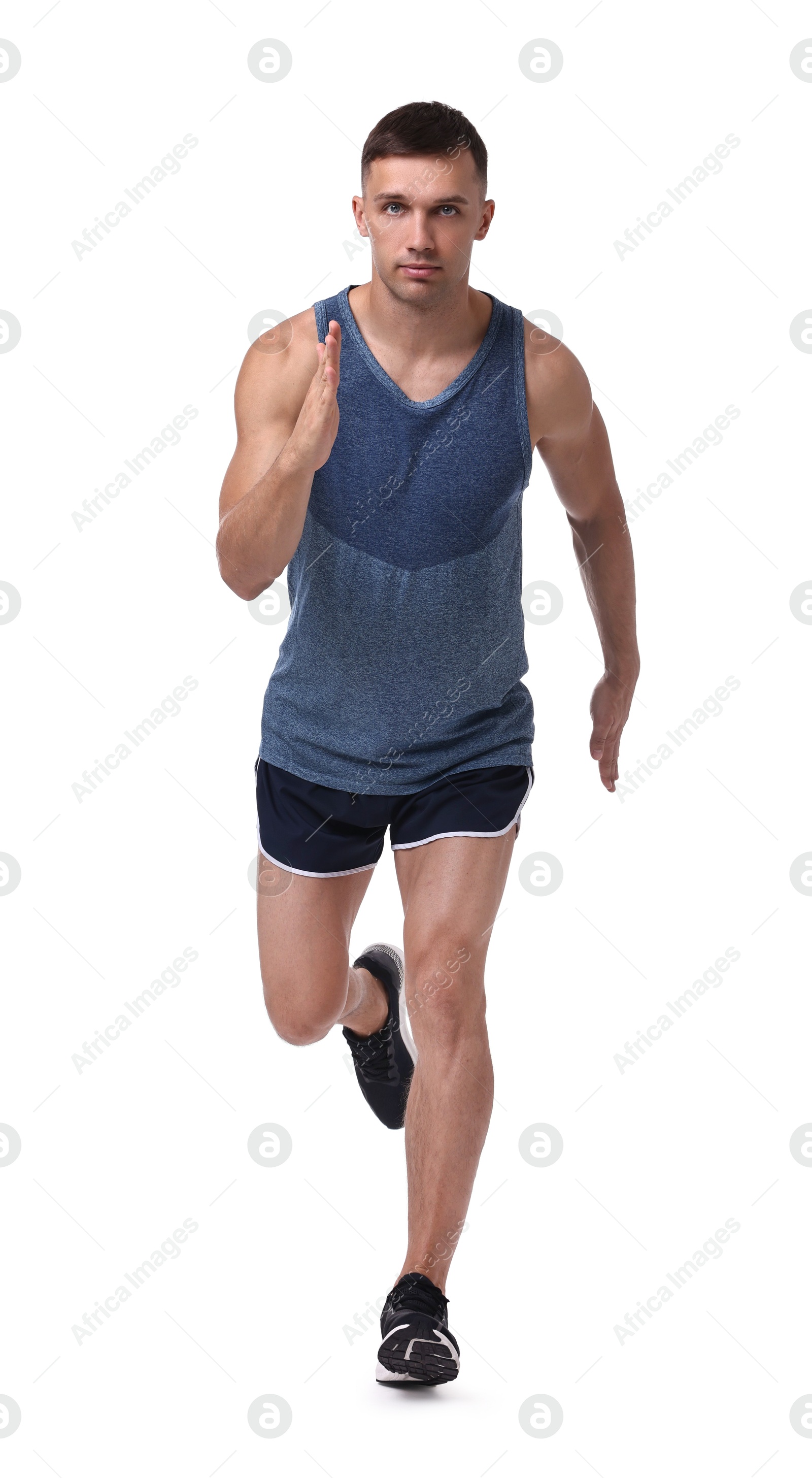 Photo of Man in sportswear running on white background