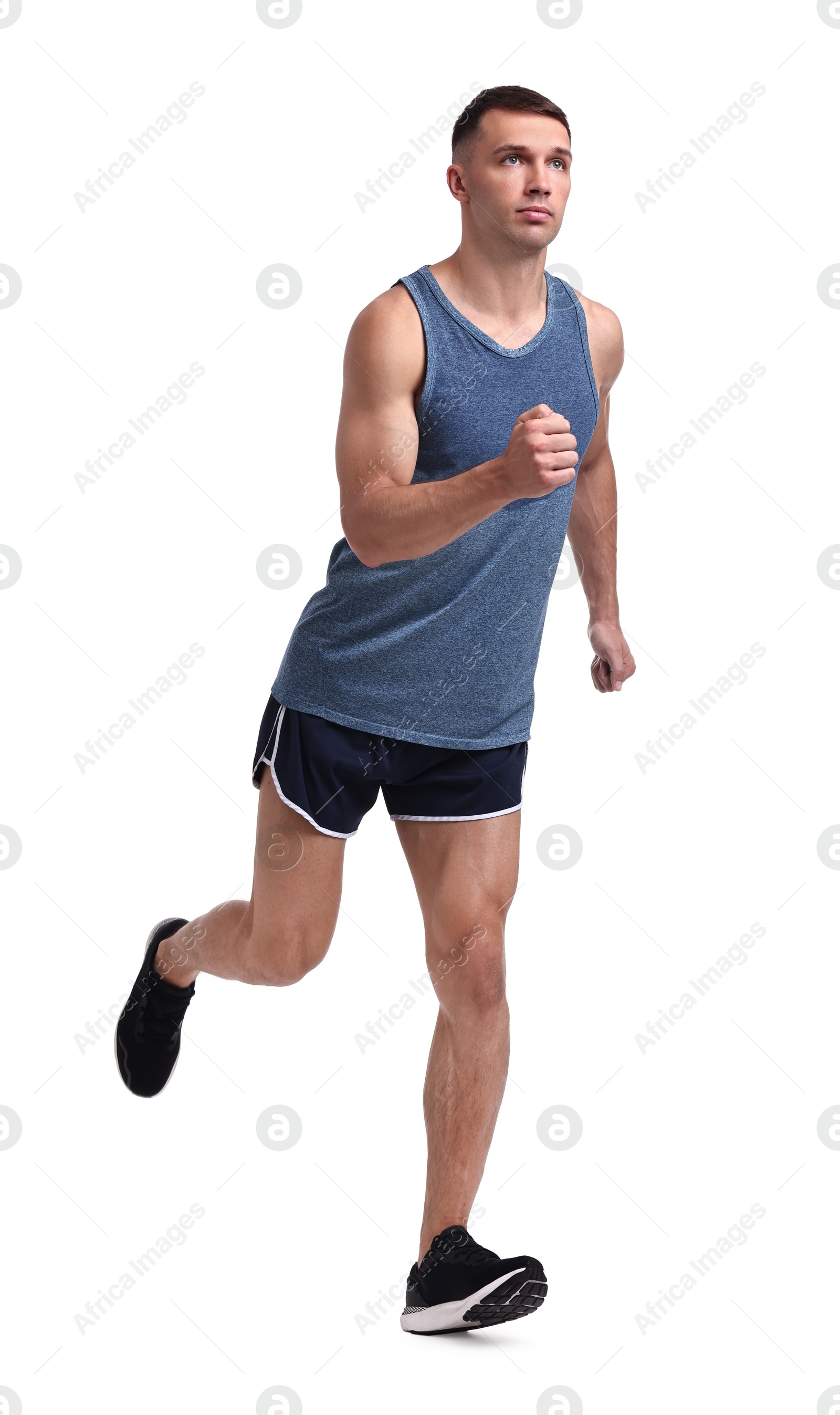 Photo of Man in sportswear running on white background