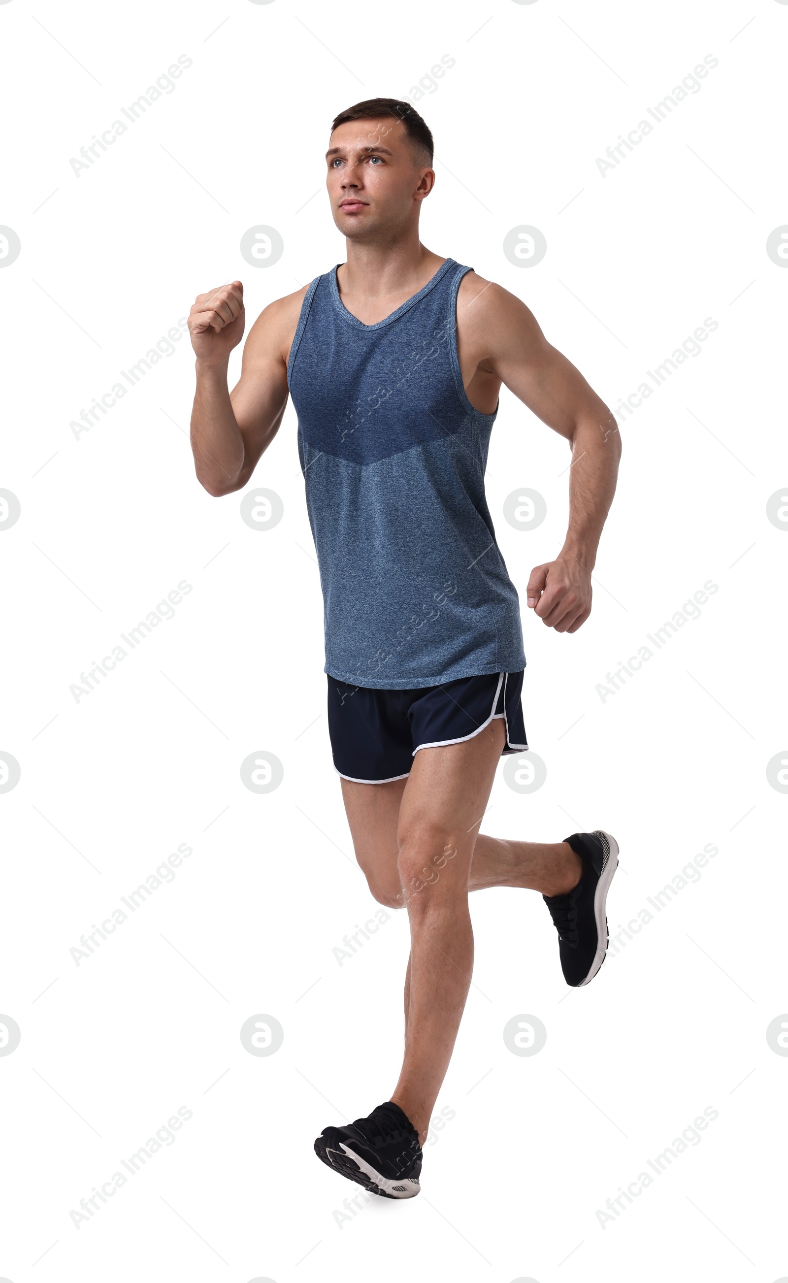 Photo of Man in sportswear running on white background