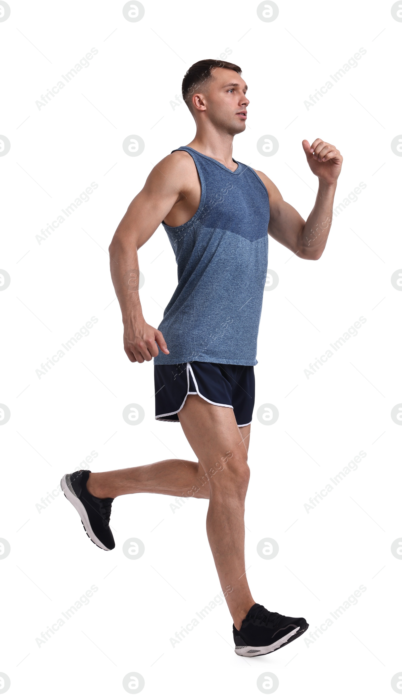 Photo of Man in sportswear running on white background