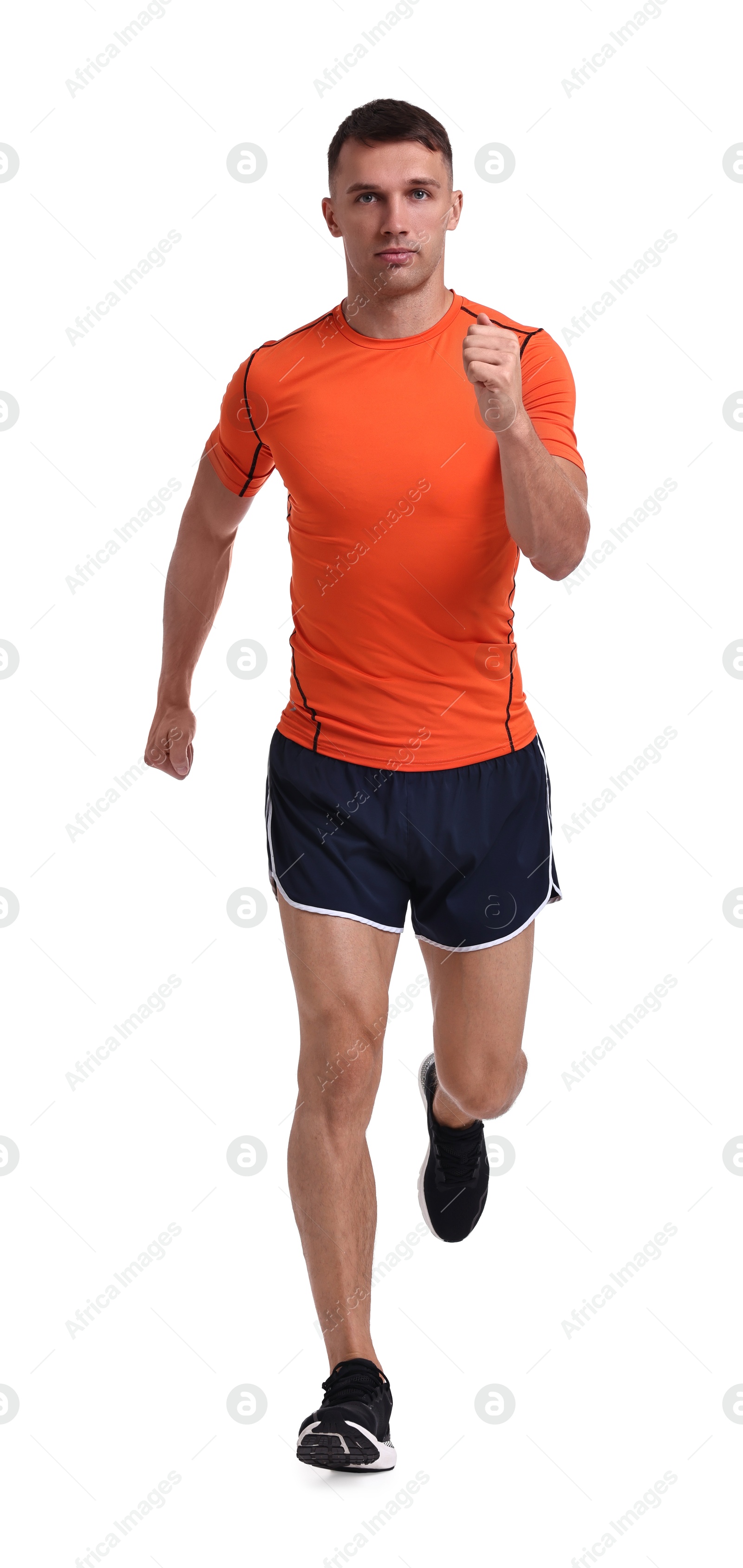 Photo of Man in sportswear running on white background