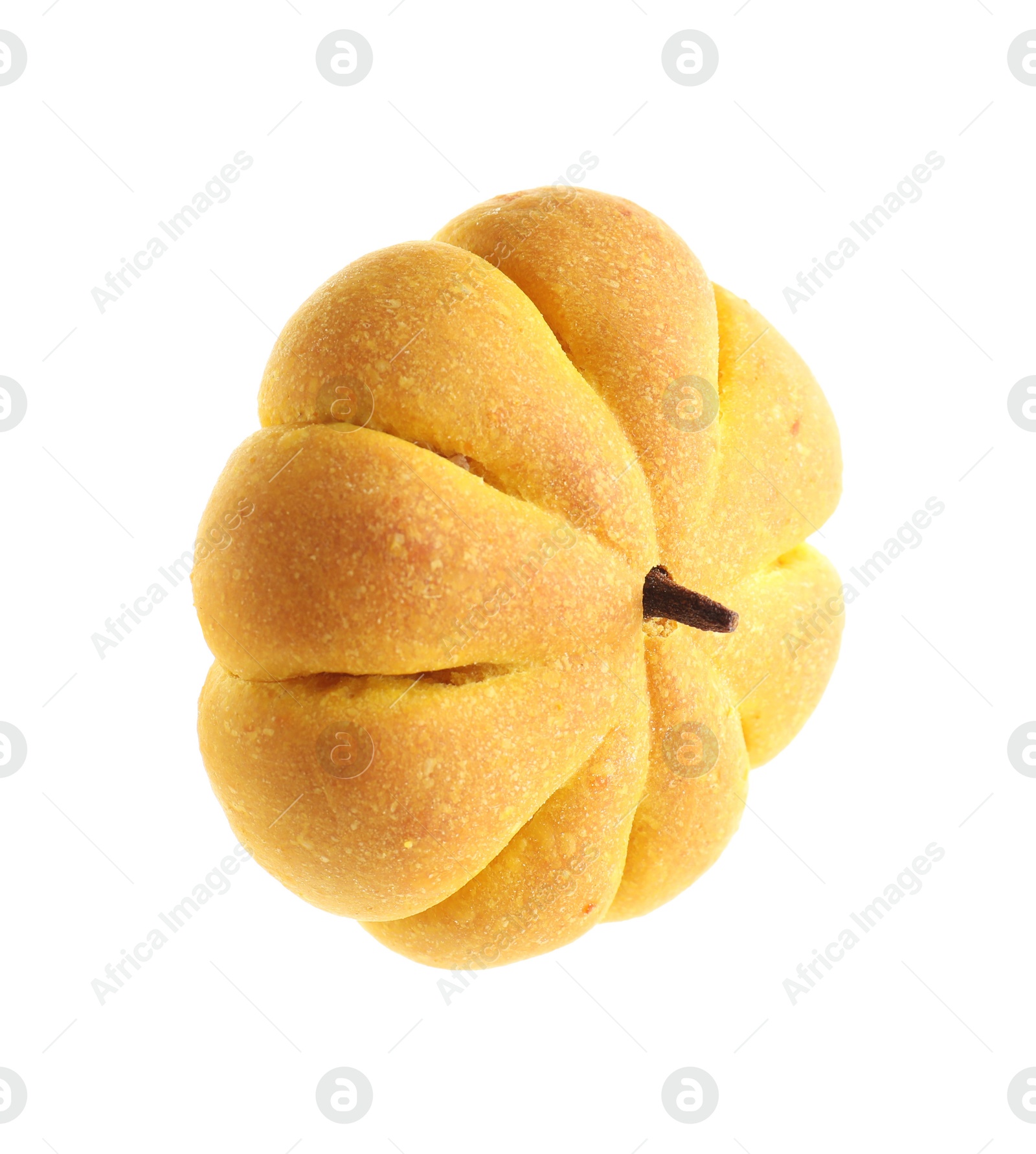 Photo of One tasty pumpkin shaped bun isolated on white