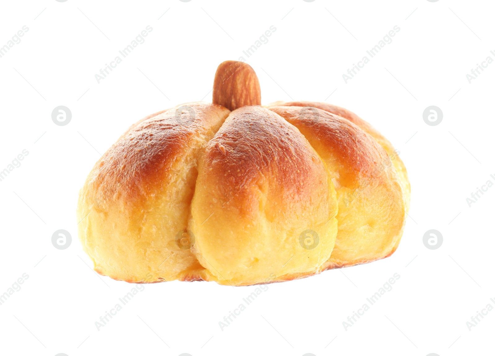 Photo of One tasty pumpkin shaped bun isolated on white