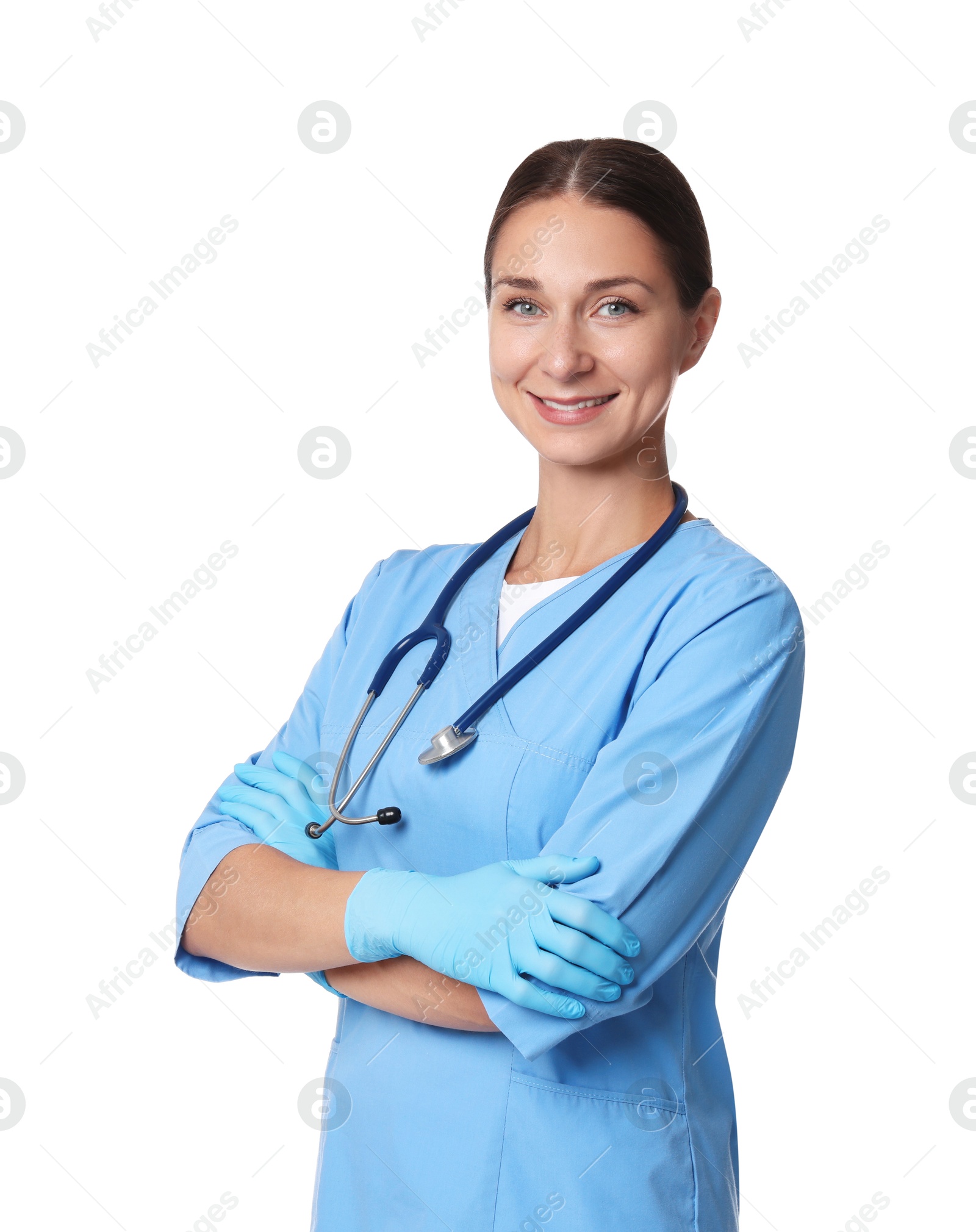 Photo of Nurse in medical uniform with stethoscope on white background