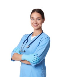 Nurse in medical uniform with stethoscope on white background