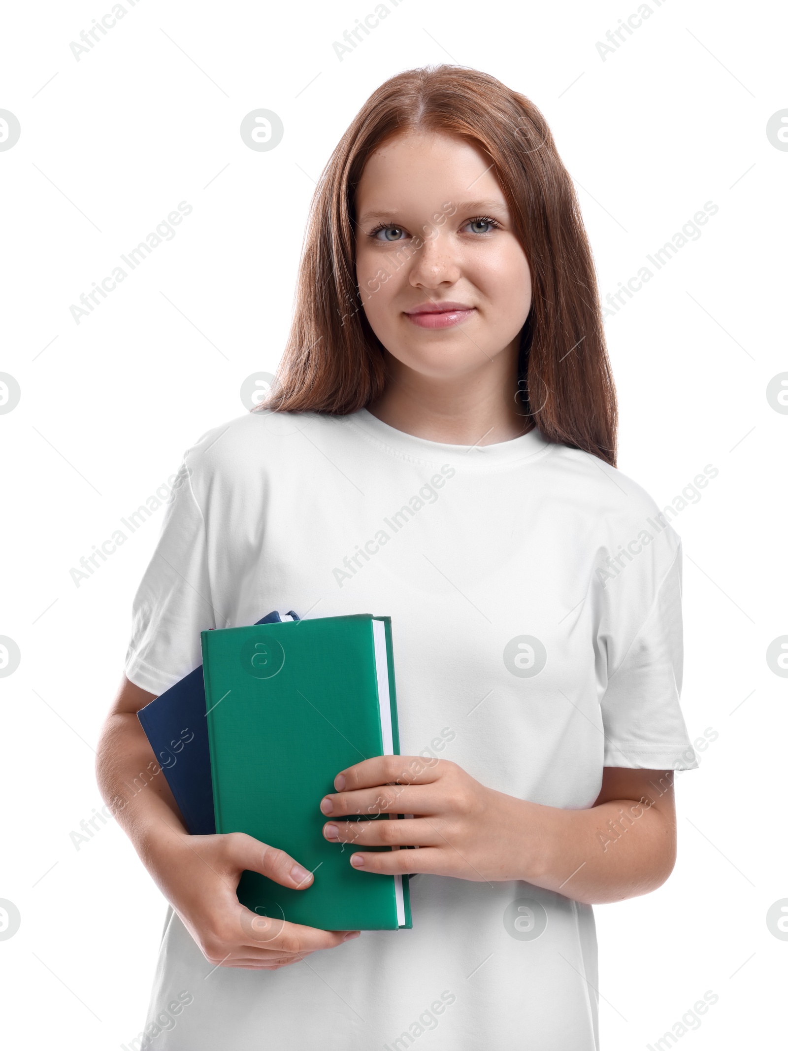 Photo of Teenage girl with books on white background