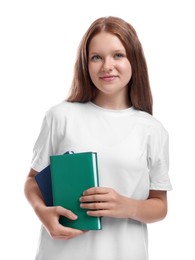 Photo of Teenage girl with books on white background