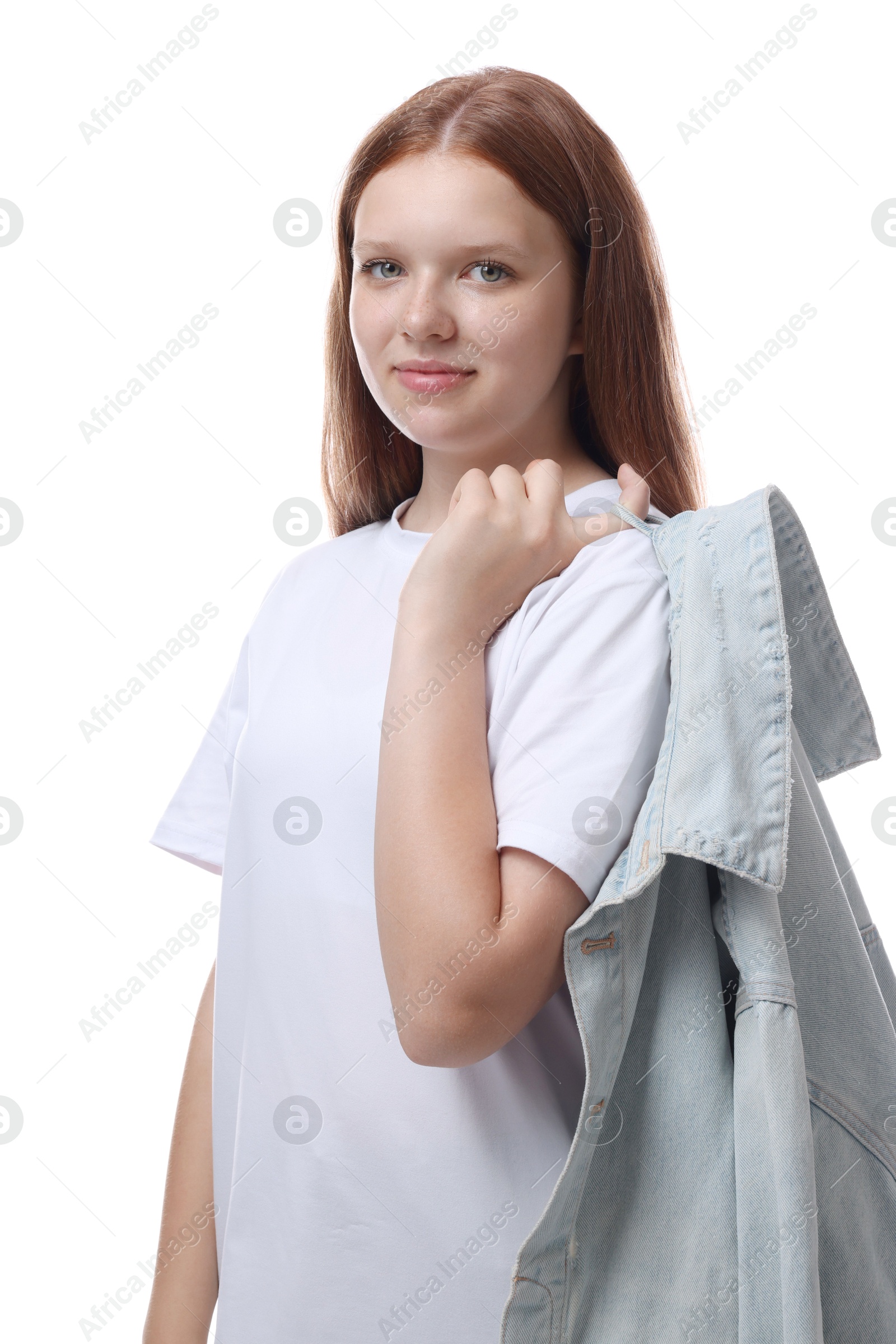 Photo of Portrait of teenage girl with denim jacket on white background