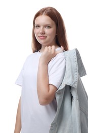 Portrait of teenage girl with denim jacket on white background