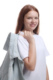 Portrait of teenage girl with denim jacket on white background