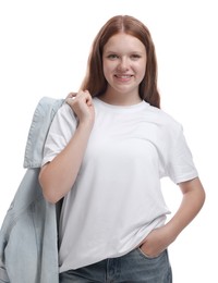 Portrait of teenage girl with denim jacket on white background