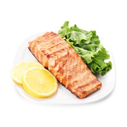 Photo of Delicious grilled salmon fillet with lemon slices and lettuce isolated on white