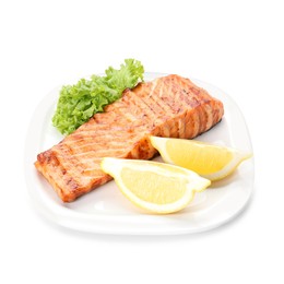 Photo of Delicious grilled salmon fillet with lemon and lettuce isolated on white