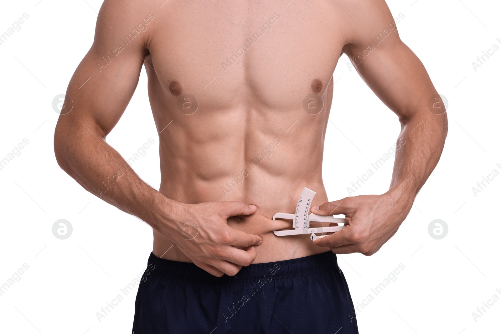 Photo of Man measuring body fat with caliper on white background, closeup