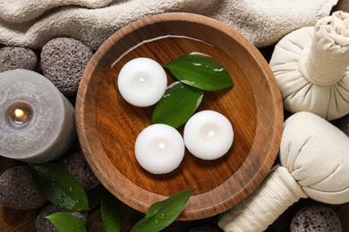 Photo of Flat lay composition with different spa products on table