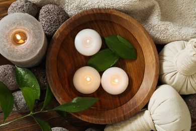 Flat lay composition with different spa products on table